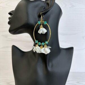 NEW hand made Elegant Gold White and blue Floral Hoop Earrings 14k gold platted